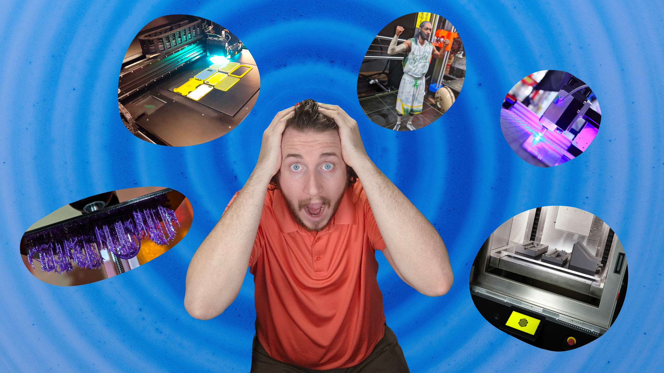 Overwhelmed man in front of blue spiral background surrounded by different types of 3D printers.