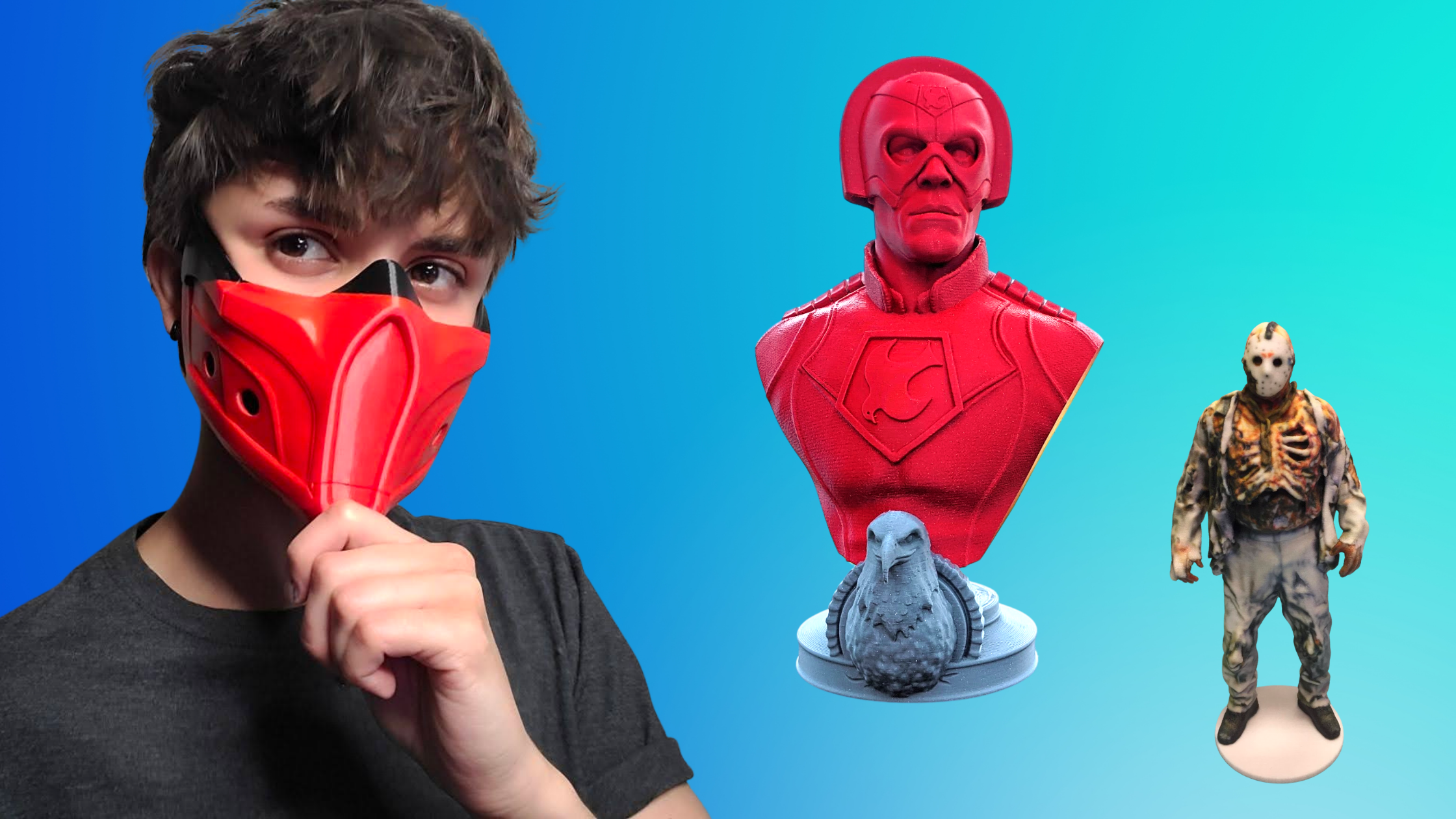 3D printed red Mortal Kombat mask, 3D printed Peacemaker bust, 3D printed Jason Friday the 13th game piece.