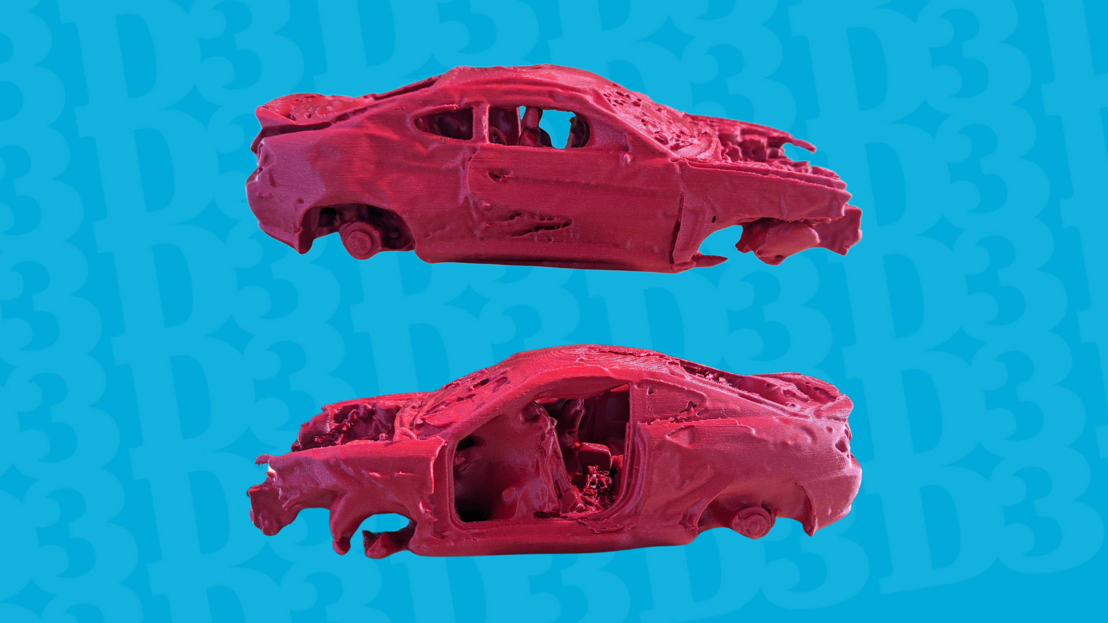 Left side view of a 3D printed crashed Hyundai Tiburon and right side view of a 3D printed crashed Hyundai Tiburon.