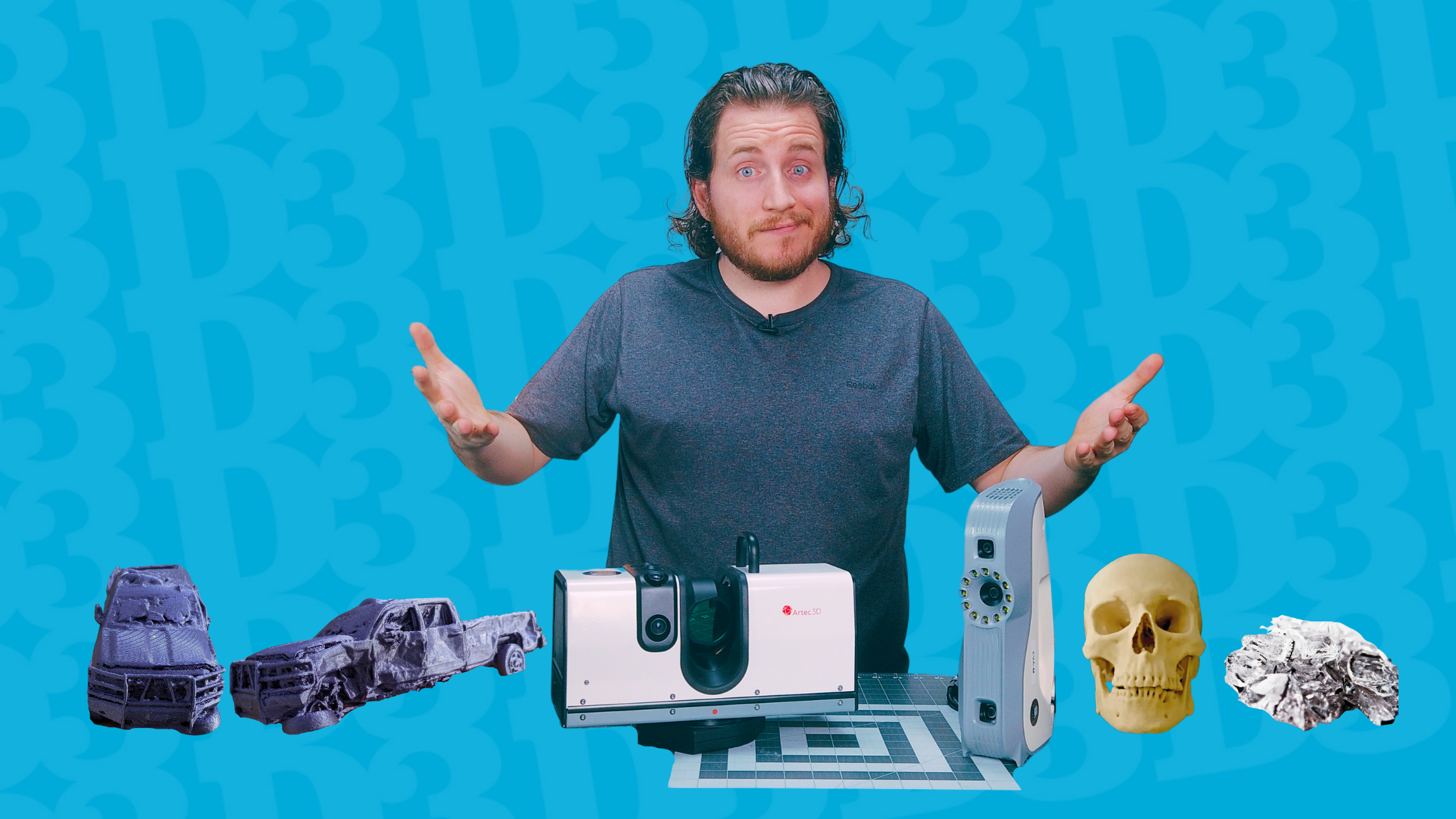 3D printer and 3D models of a crashed truck, human skull, and shattered glass.