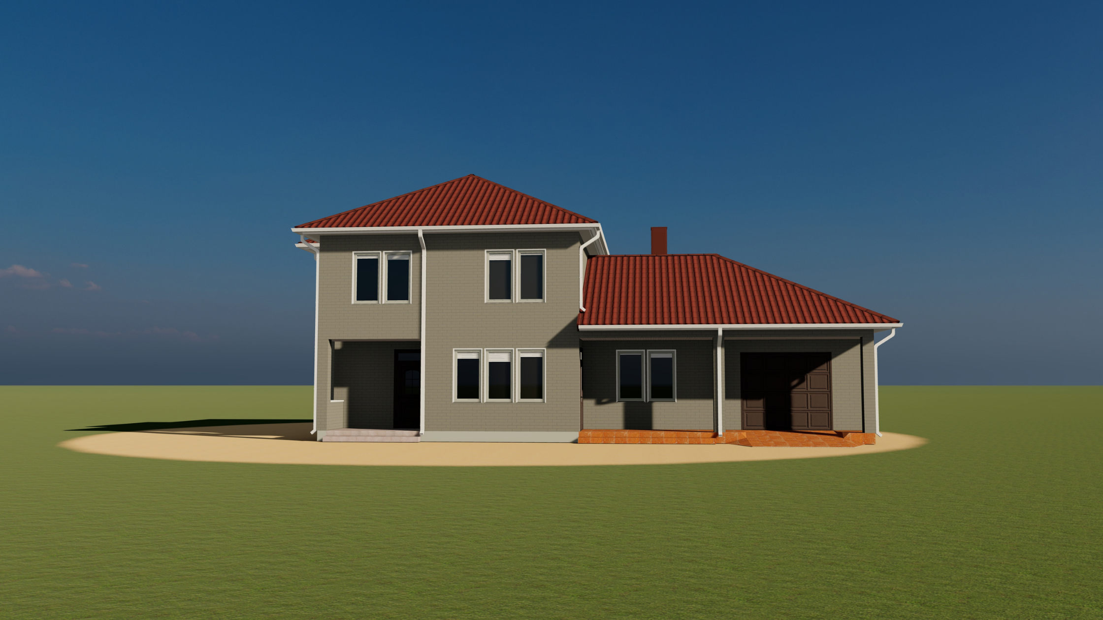 CAD 3D Rendering of a two-story house.