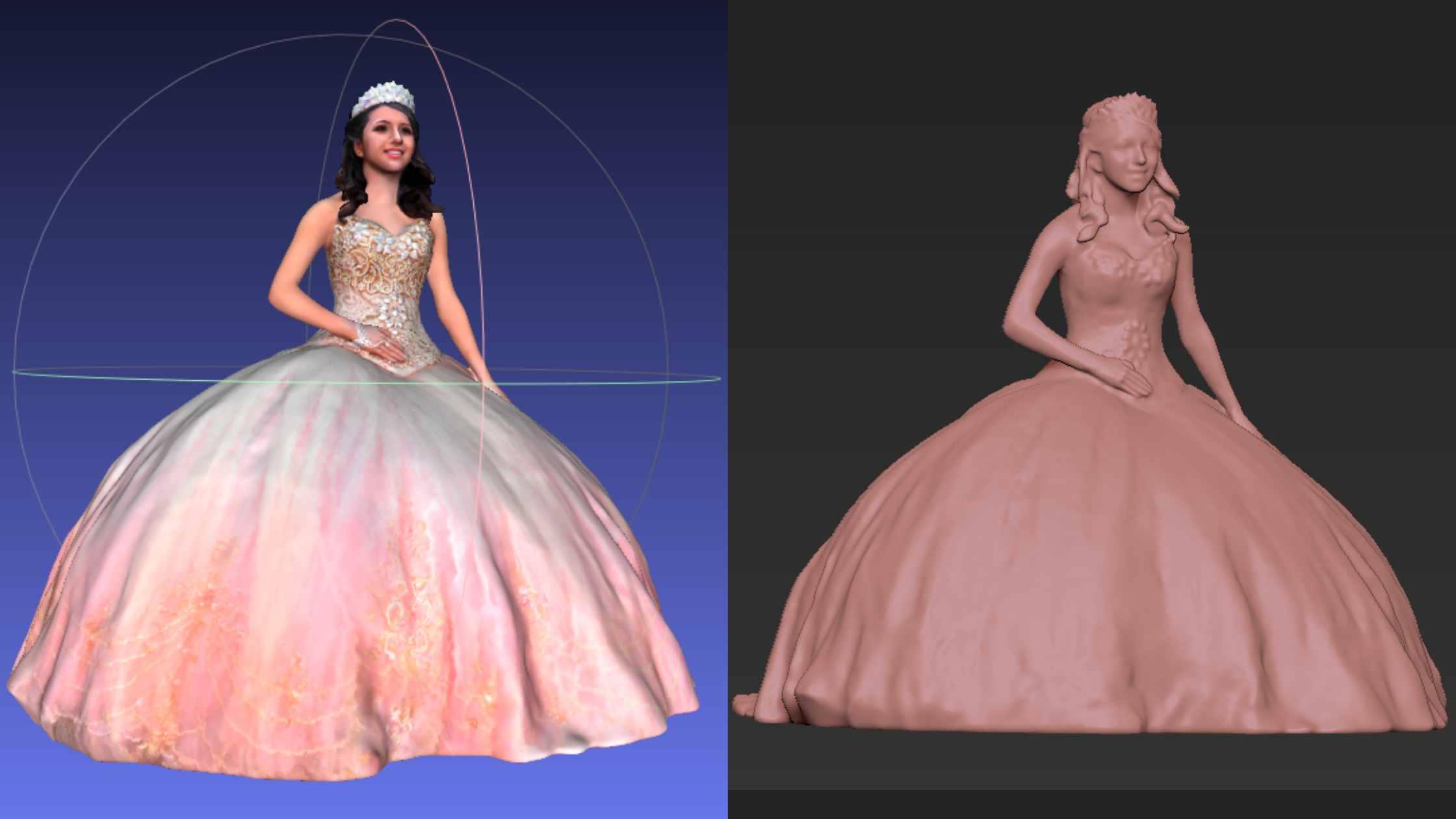 3D CAD model of a girl wearing her pink quinceanera dress.
